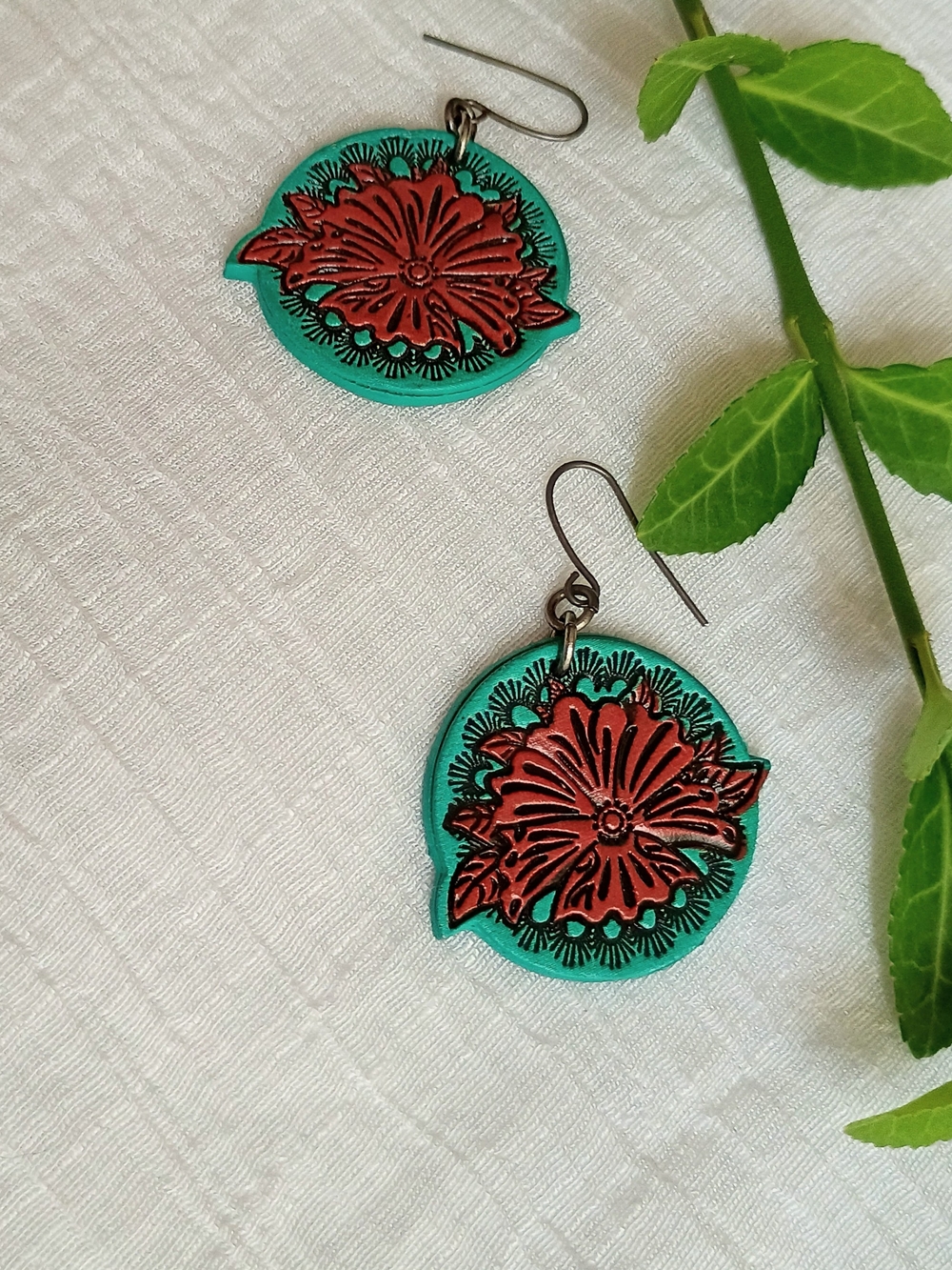 🐎 COWGIRL CORE 🐎 Turquoise & Brown Floral Embossed Leather Earrings by Justin